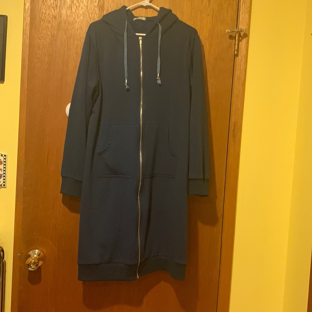 Long blue with hood sweatshirt jacket